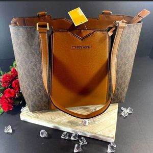 NWT Michael Kors Mae MD Large Leather Tote Brown Signature Logo Purse
